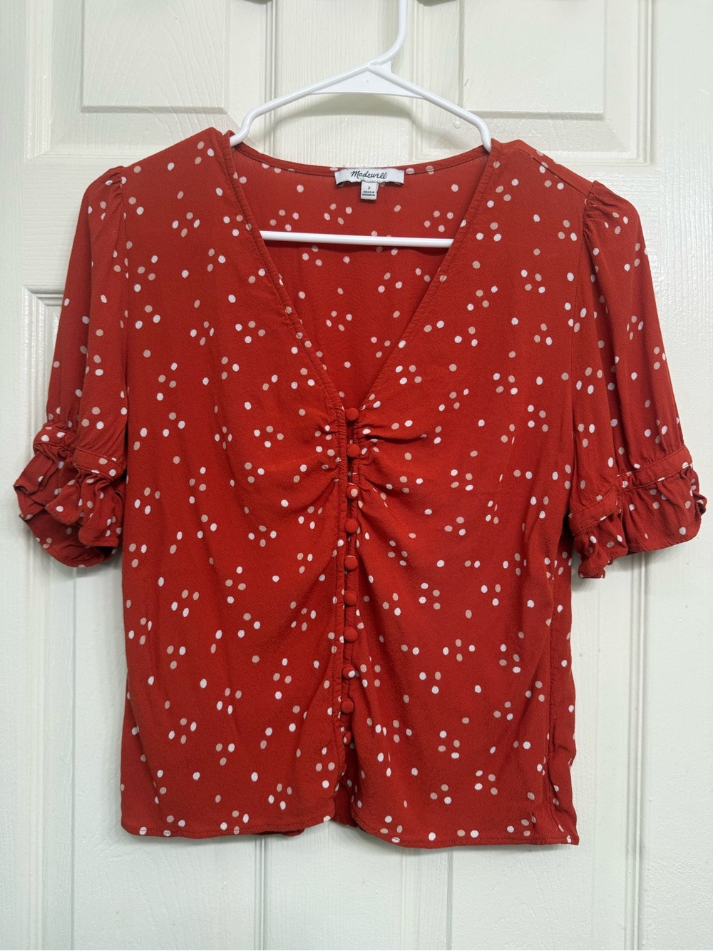 Madewell Daylight Top Polka Dot Ruffle Sleeve Blouse Red & White Size 2